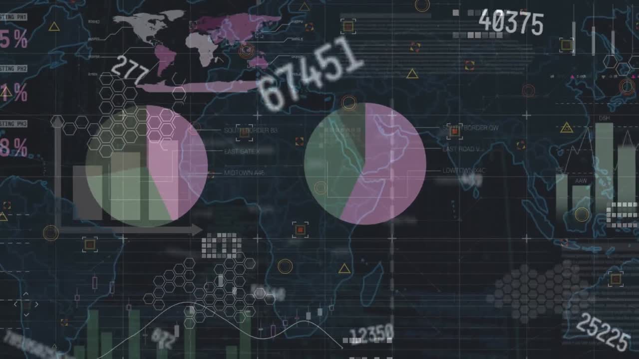 Animation of statistics with financial data processing over blue background