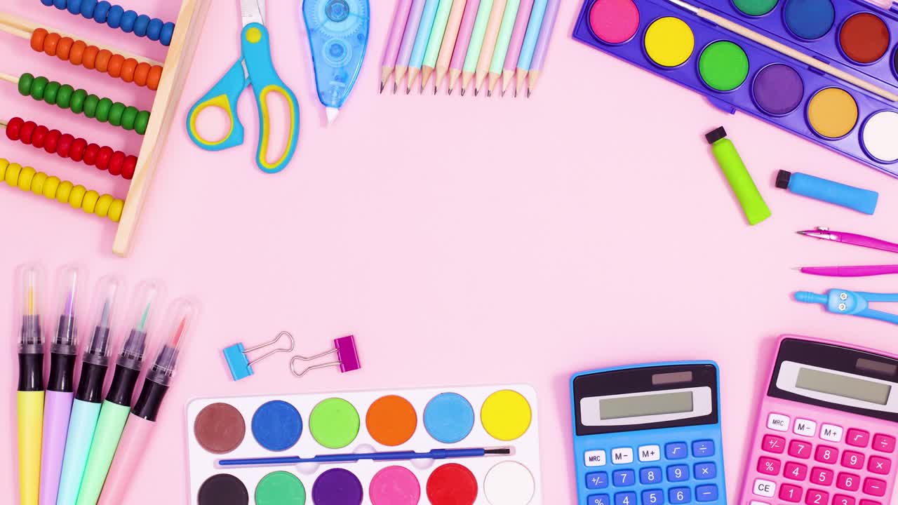 School accessories appear and make back to school frame for text on pastel pink theme. Stop motion