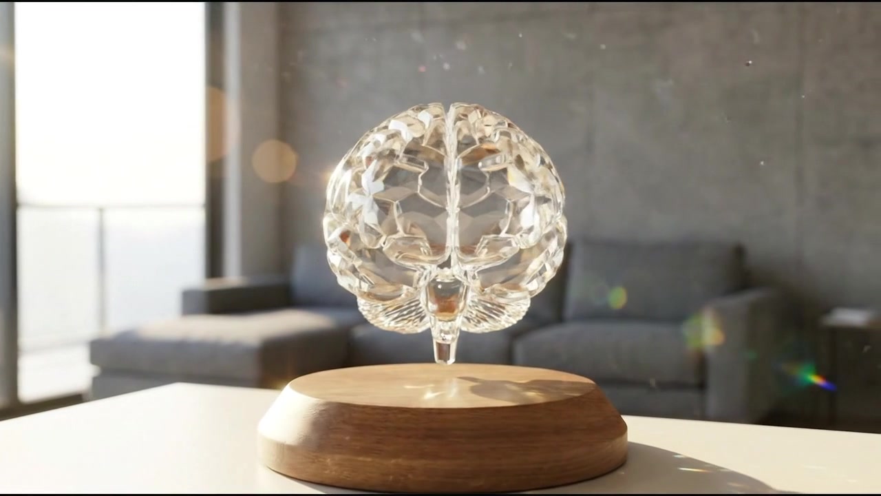 Modello neurale del cervello illuminato appoggiato su base in legno in un ambiente interno contemporaneo