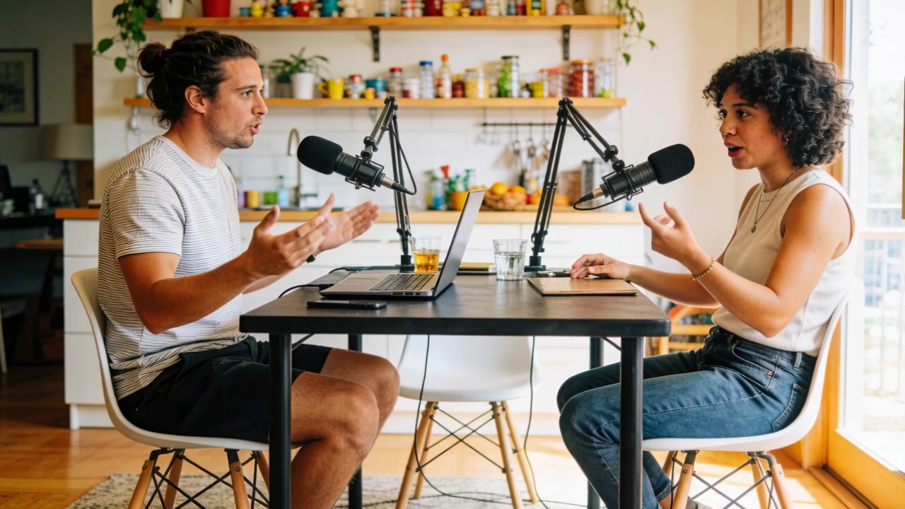 Inizio della registrazione, due conduttori che discutono e gesticolano in cucina, usando microfoni e un laptop per registrare.