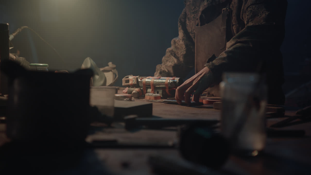 A man in the dark workshop unveil a homemade bomb