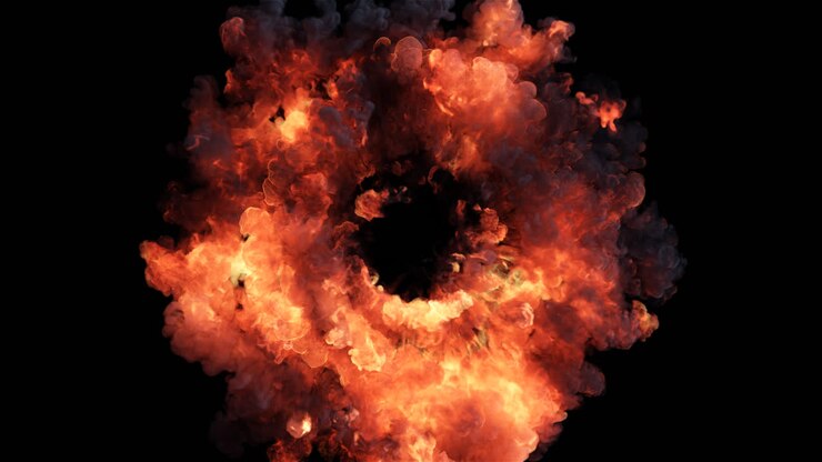 Dynamic Fiery Explosion Bursting with Smoke on Black Background