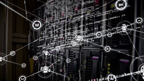 animation of data processing and media icons over server room