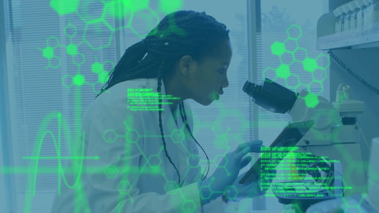 Animation of data processing over african american female scientist in lab