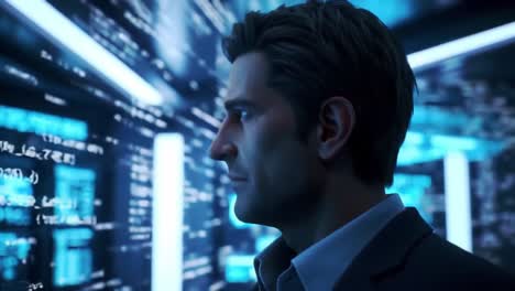 a pensive individual analyzing complex data in a high-tech environment: a journey through code and digital imagery