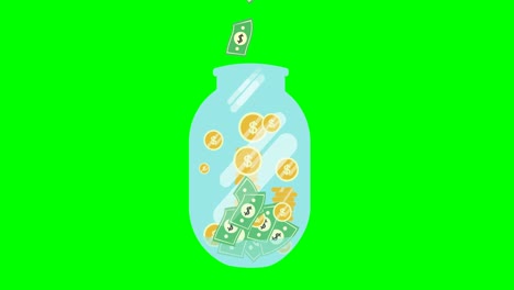 money jar. savings, investing money coins. finance, investment. piggy bank. cartoon flat illustration paper money cash, isolated on green screen. video motion graphic animation. flat animated 4k