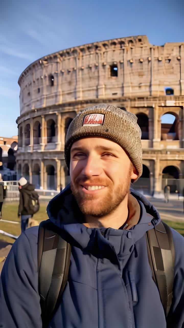 Smiling young male tourist walking in Rome in autumn. Traveler visiting the Colosseum on vacation.