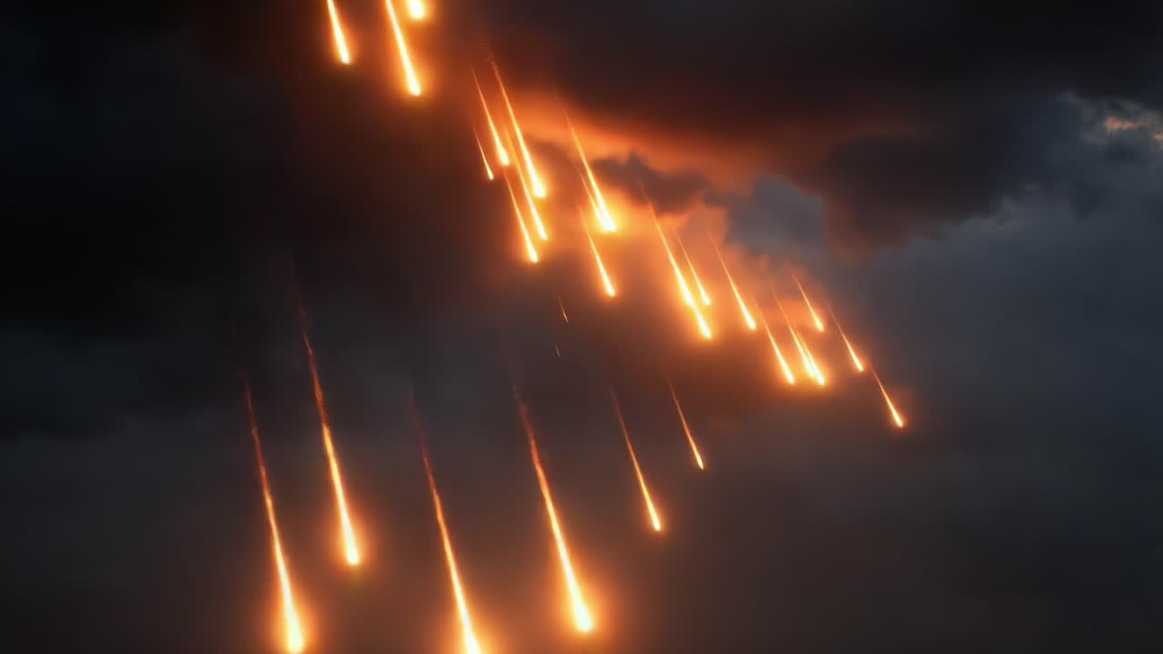 Astonishing Display of Fiery Particles Descending from a Dark Cloudy Sky, Creating a Dramatic and Intense Atmosphere of Natural Phenomenon and Power