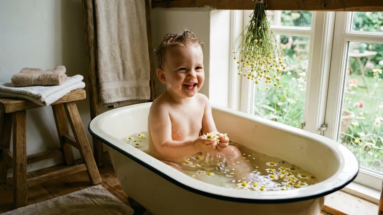Baby playing in a bathtub with flowers