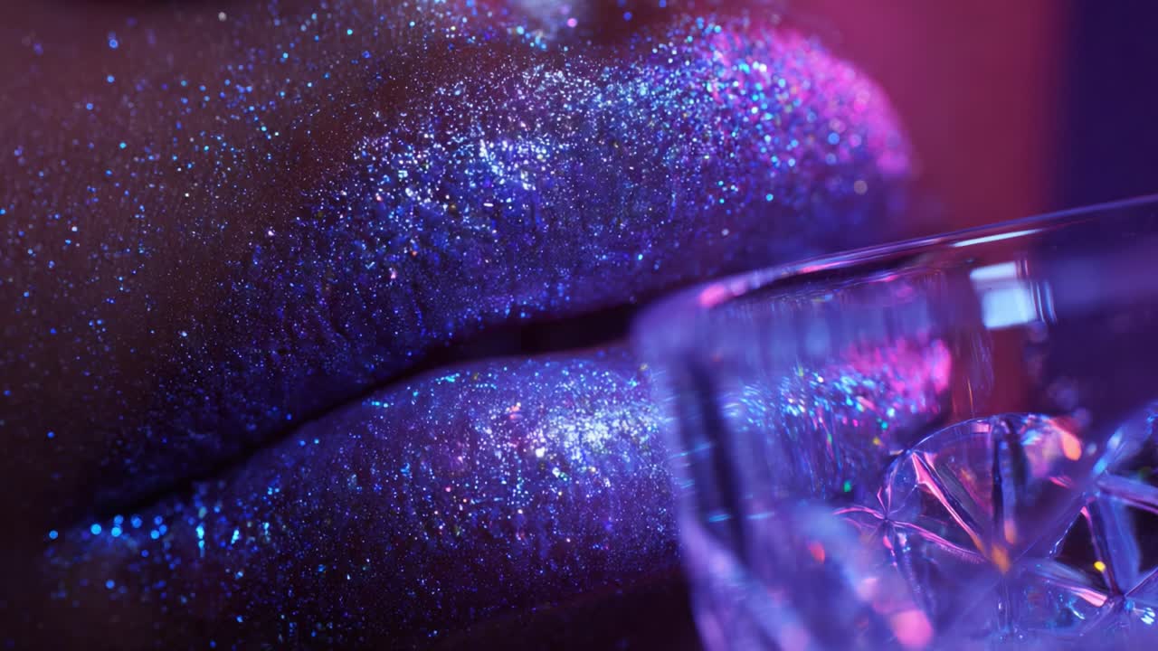 Labbra scintillanti immerse in brillantini colorati con un bicchiere di cristallo, catturate in un bagliore al neon ipnotizzante, che mettono in mostra la bellezza seducente e l'atmosfera festosa dei cosmetici espressivi