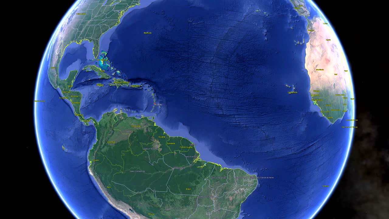 Saint Lucia with flag. 3d earth in space - zoom in Saint Lucia outer