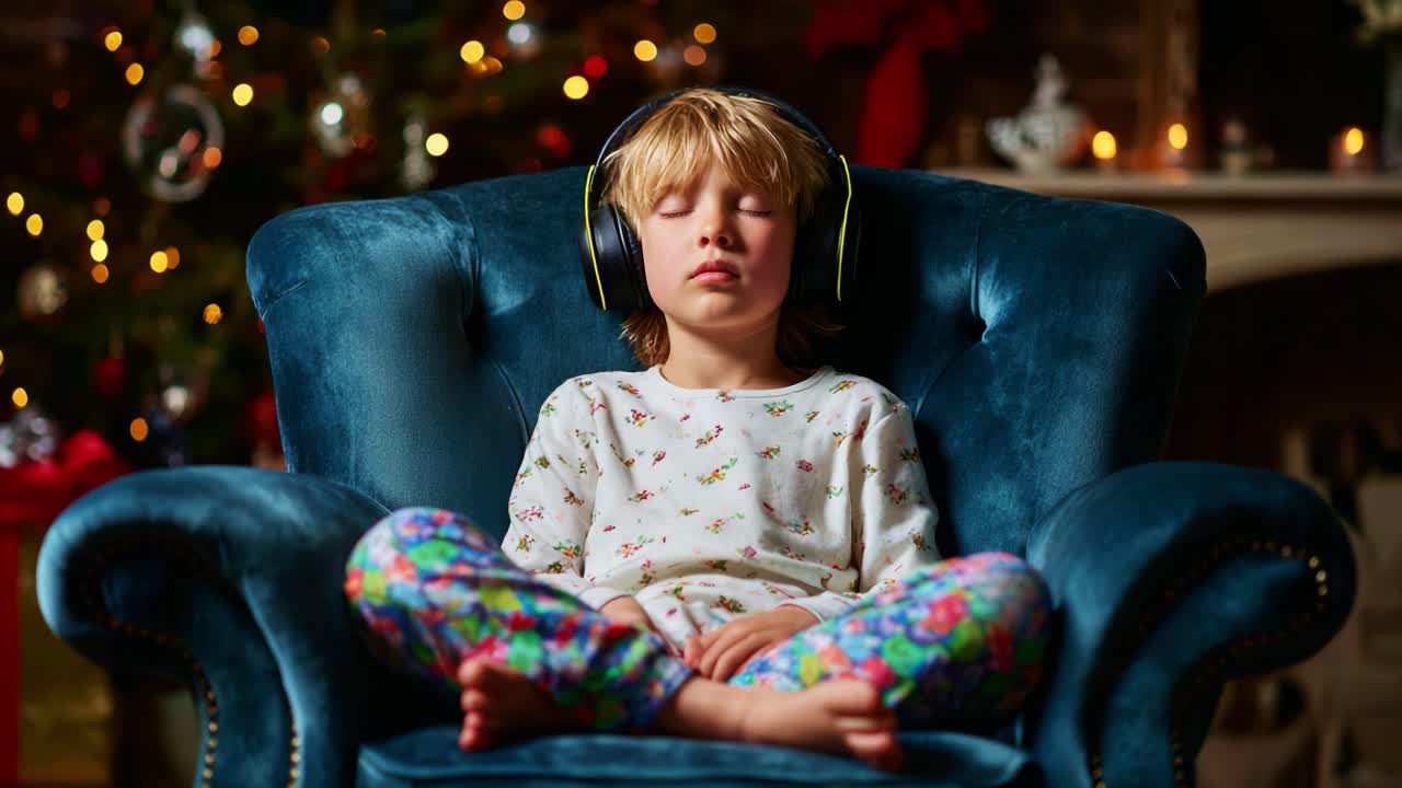 A Serene Moment: A Young Child Relaxing in a Cozy Armchair with Headphones, Immersed in a Peaceful Atmosphere Surrounded by Holiday Lights and Comforting Ambiance