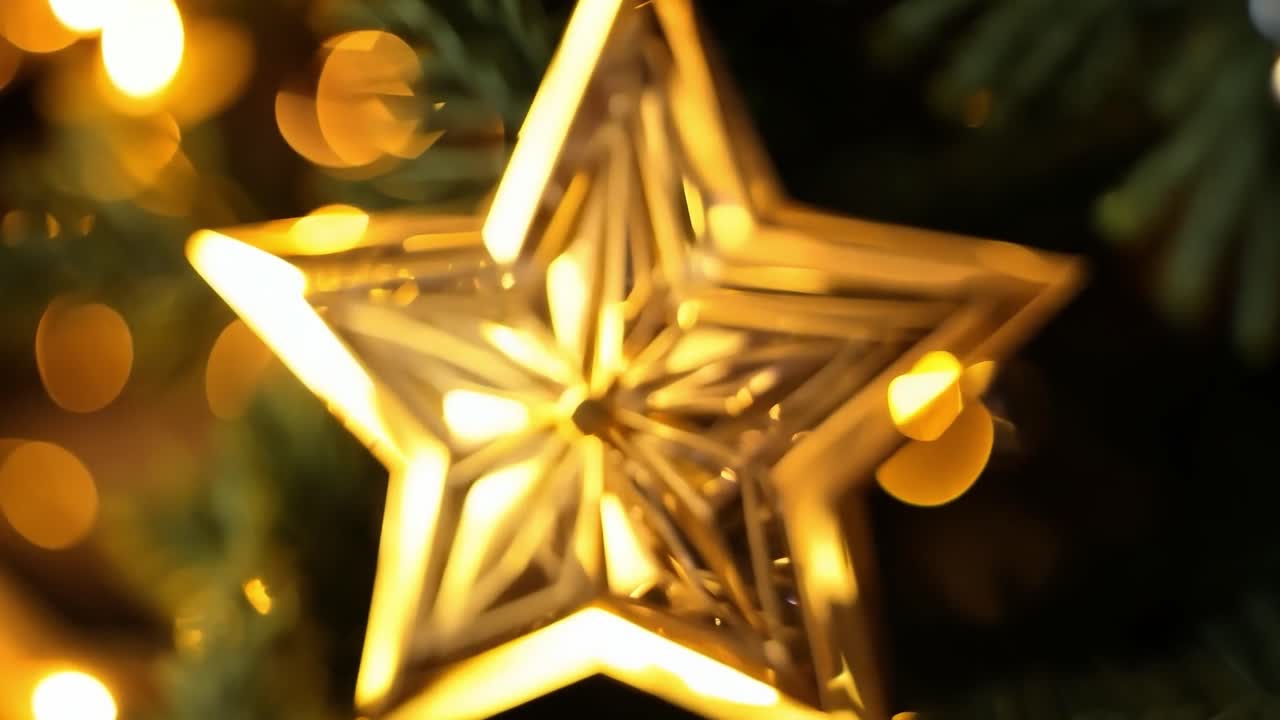 Primo piano di una stella dorata su un albero di Natale con luci sfocate sullo sfondo.