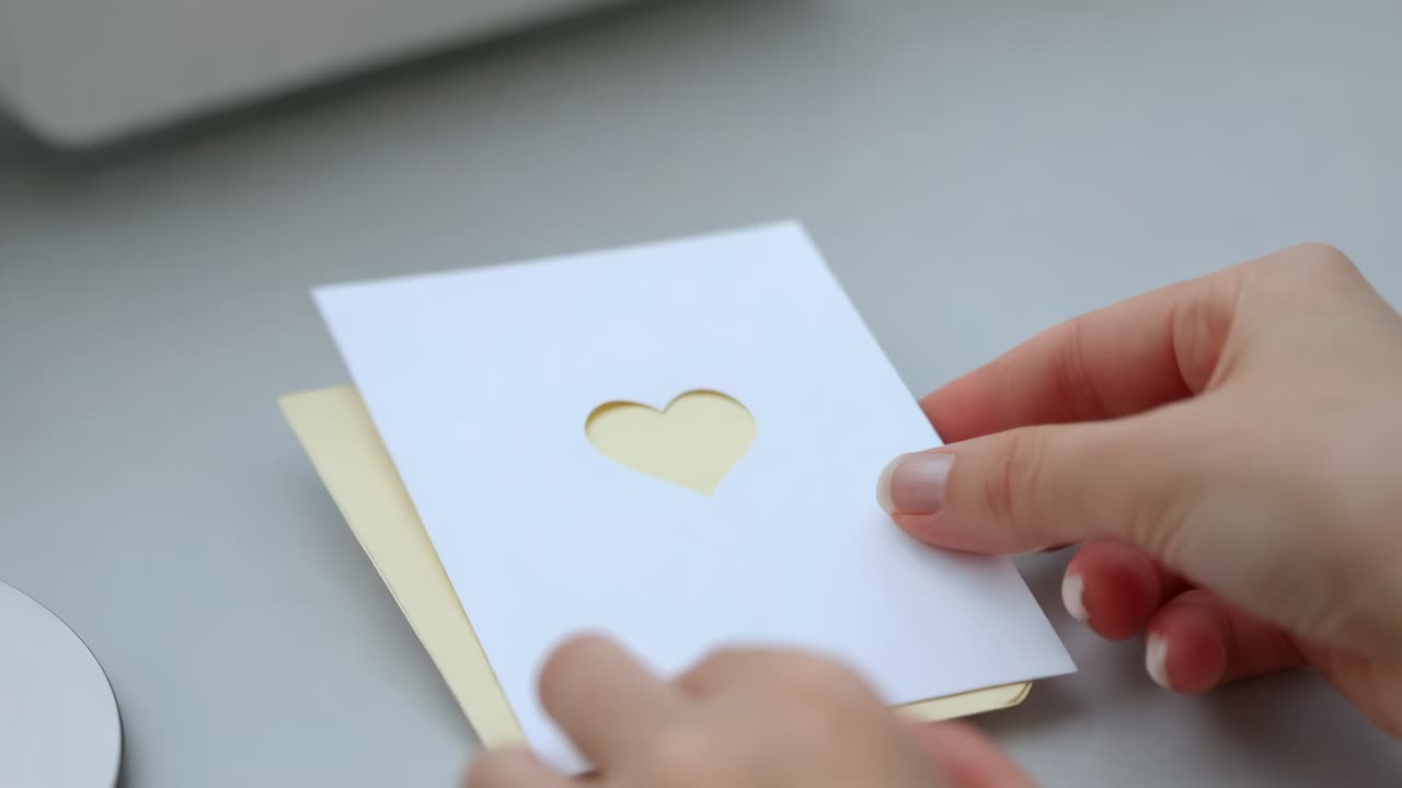 ハートの切り抜きがある自宅の机に「YOU ARE LOVED（あなたは愛されている）」と書かれた黄色の紙を置いて手を上げる