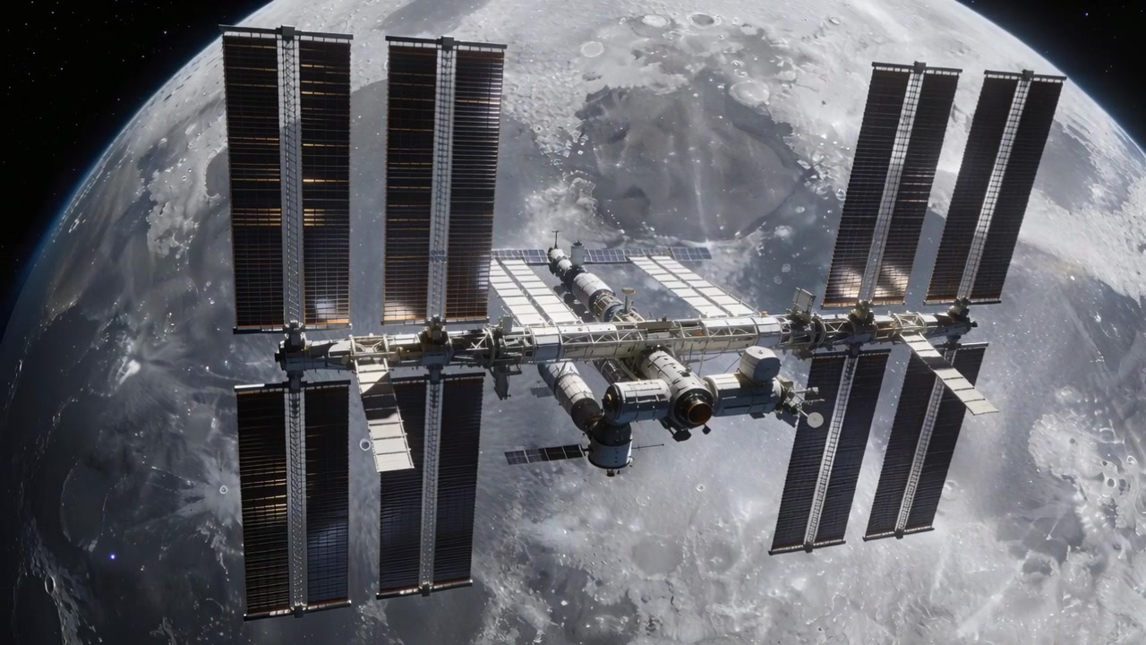 Shifting sun glint causing station rotating above cratered moon, showing truss and solar arrays