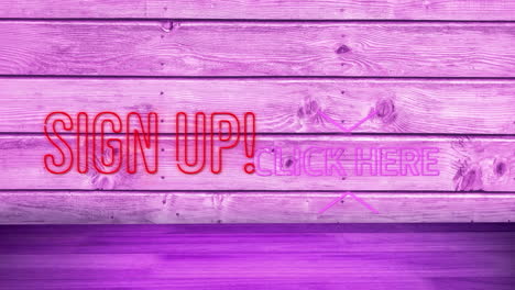 sign up and click here neon text against purple wooden background