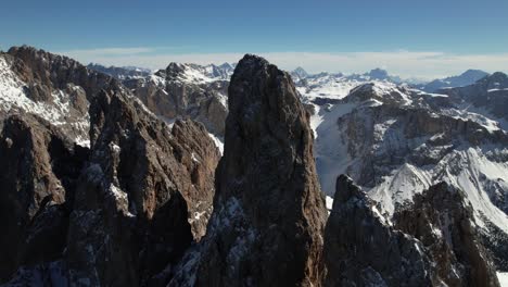 Aerial-View-of-Seceda-Mountain-Ridgeline,-Italian-Dolomites-on-Sunny-Day,-Drone-Shot