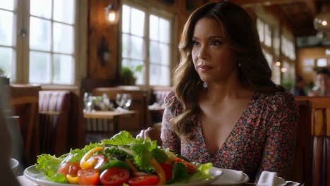 mujer comiendo ensalada en un restaurante