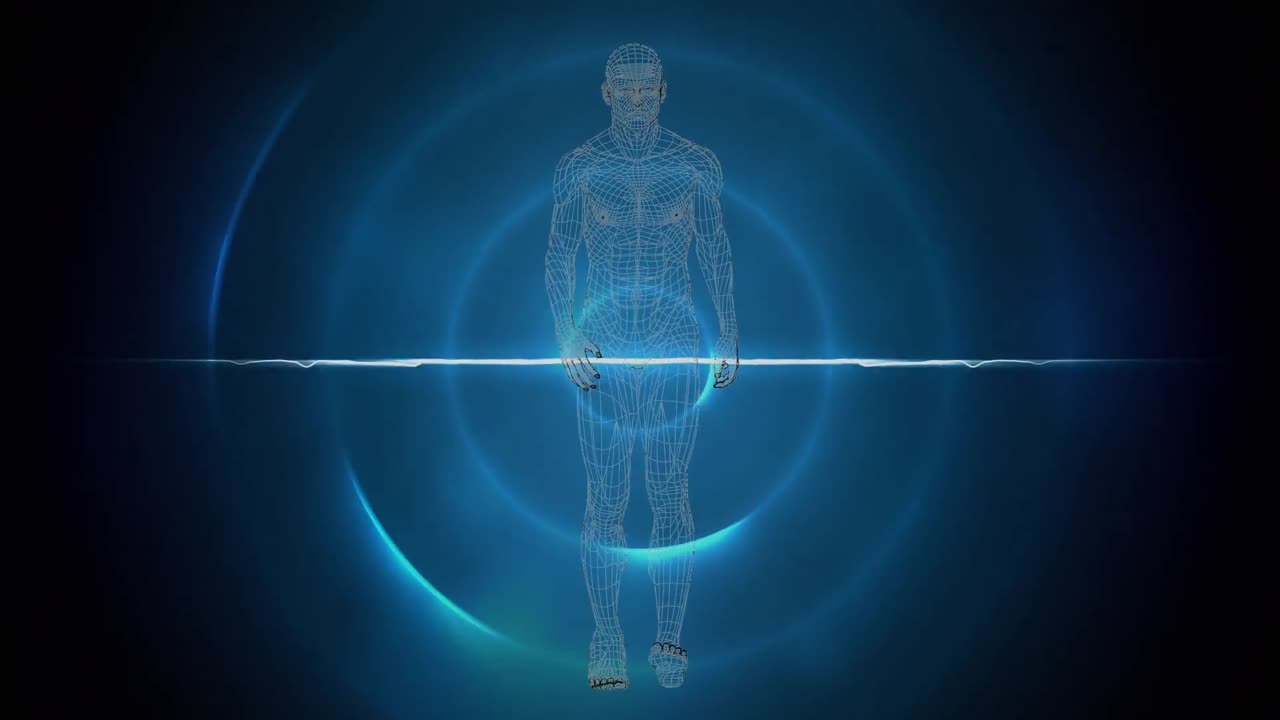 animación de un humano caminando sobre círculos azules