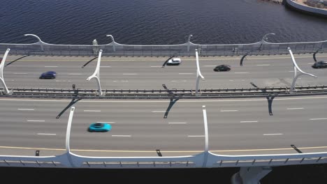 Aerial-Drone-slow-tracking-Shot-of-the-Western-High-Speed-Diameter-Bridge,-Gulf-of-Finland-in-Saint-Petersburg,-Russia