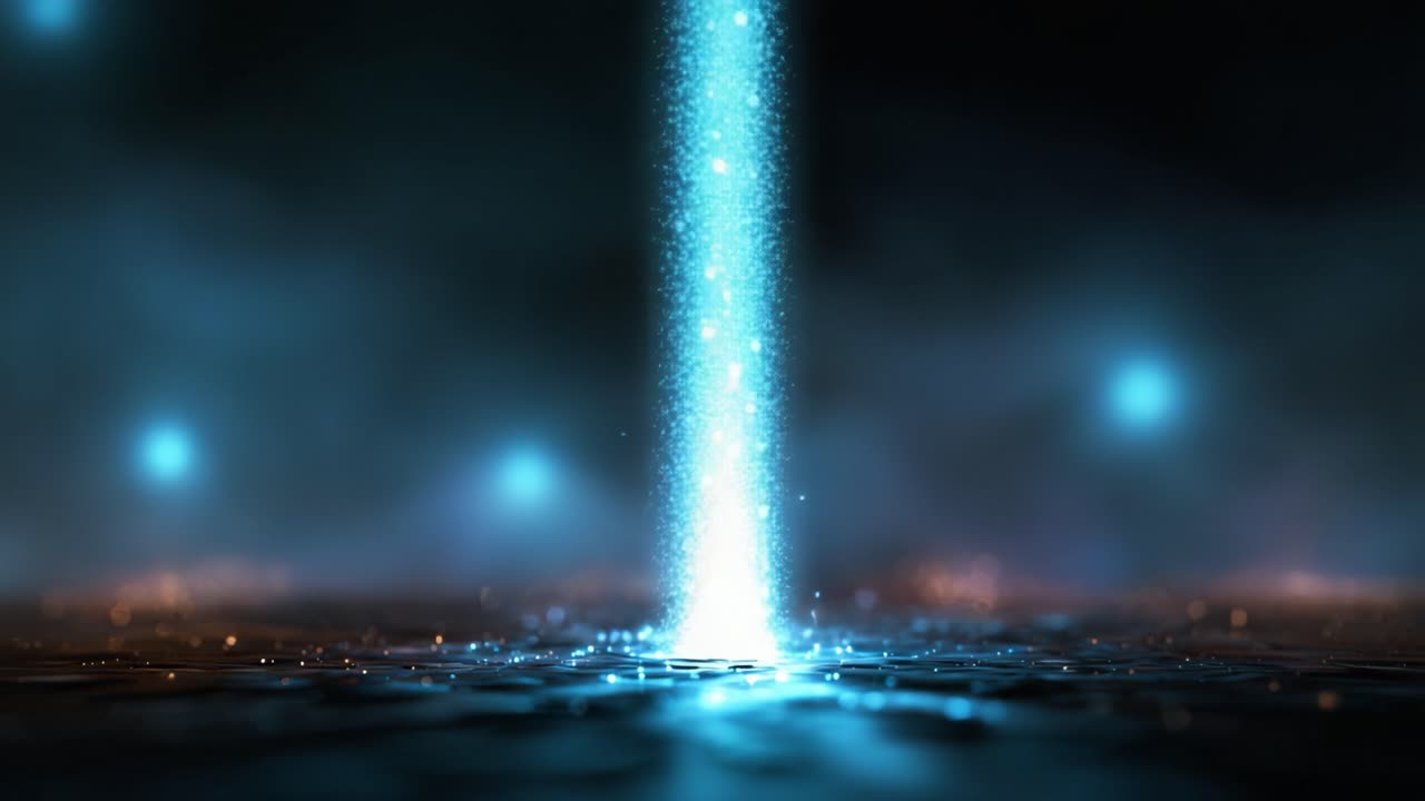 Eine faszinierende Darstellung schimmernder blauer Partikel, die von einer leuchtenden Quelle nach oben fallen und die Umgebung mit ätherischer Schönheit und dynamischer Bewegung erleuchten