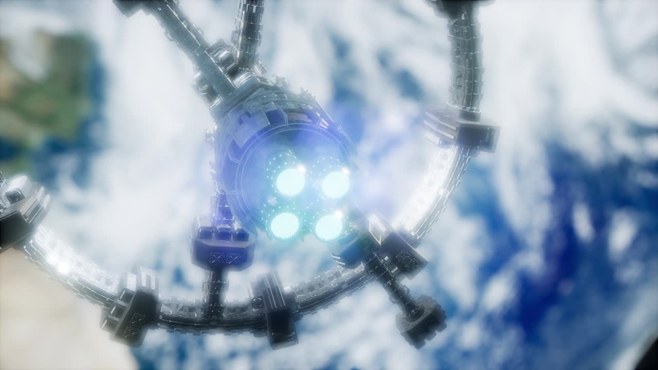 지구와 우주선의 모습. iss는 지구를 공전하고 있습니다.