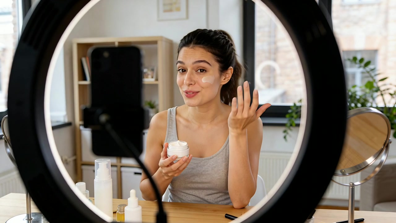 Ring light lighting vlogger in grey tank top applying cream demoing skincare at home vanity, phone