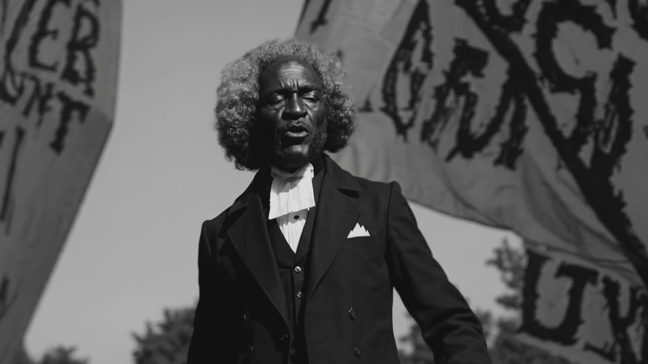 Sorthvid video-stillbillede af en historisk genopførelse, lavvinkelskud fanger en taler
