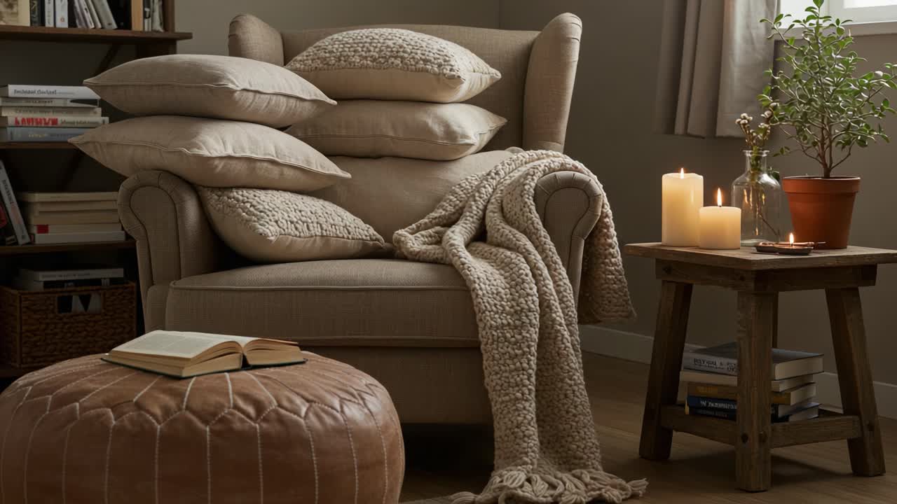 A Cozy Reading Nook Featuring an Inviting Armchair Surrounded by Plush Pillows, Warm Candles, and a Soft Blanket, Perfect for Relaxation and Comfort