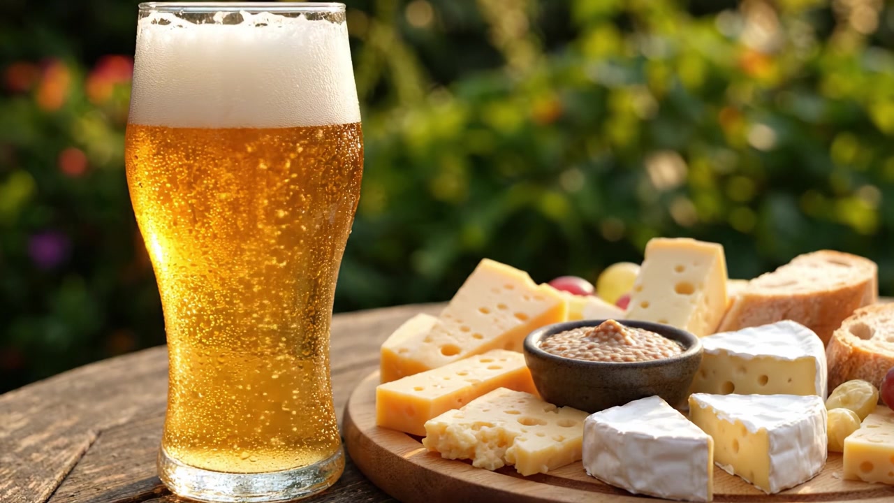 Un Abbinamento Rinfrescante di Birra Artigianale e Formaggi Gourmet Presentato su un Tavolo di Legno Rustico Circondato da una Vegetazione Lussureggiante in una Deliziosa Esperienza Culinaria