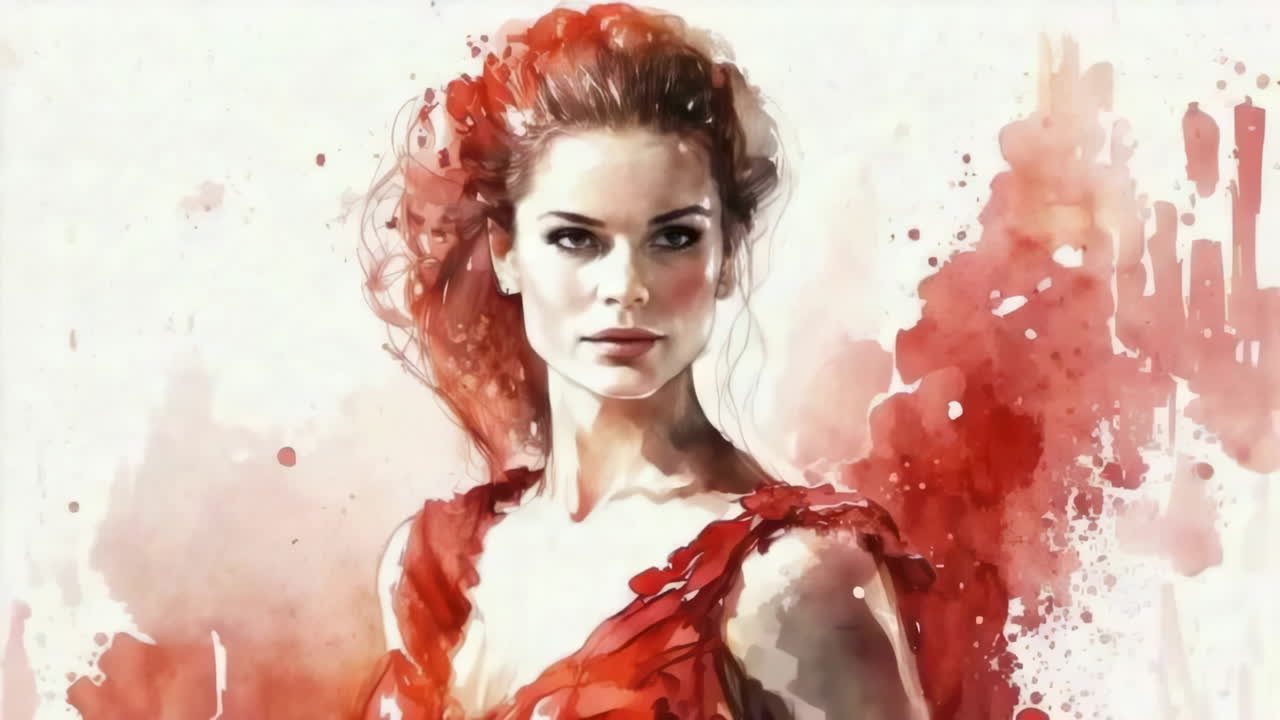Elegant Woman in Red Watercolor Portrait