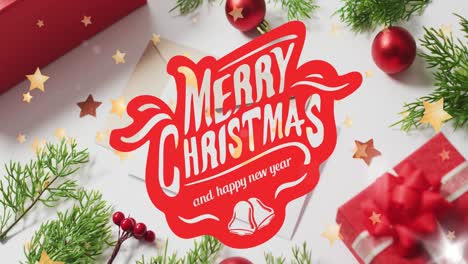 animation of merry christmas and happy new year text and stars over presents and decorations