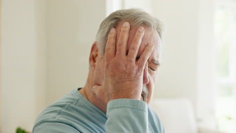 senior man, stress and headache in retirement