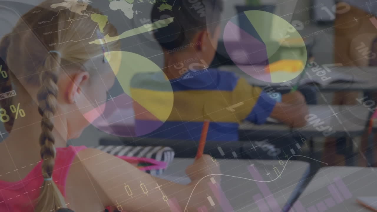 화이트보드에서 다양한 교사가 학생들을 가르치는 다채로운 인포그래픽 인터페이스의 애니메이션