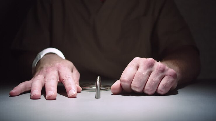 Close-up of a prisoner's hands while he sits calmly handcuffed to a table in an interrogation room