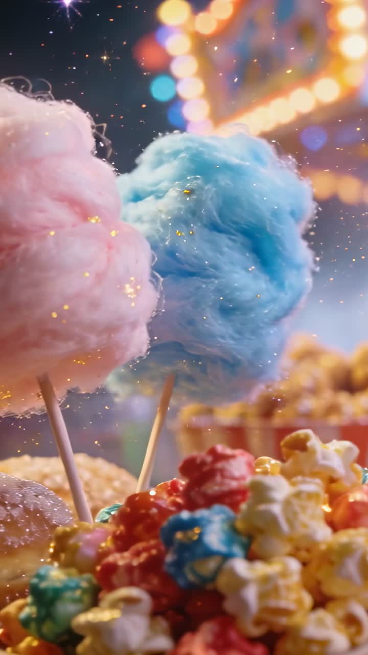 Video verticale: Zoom in avanti, la telecamera mostra zucchero filato rosa e blu a una fiera con popcorn.