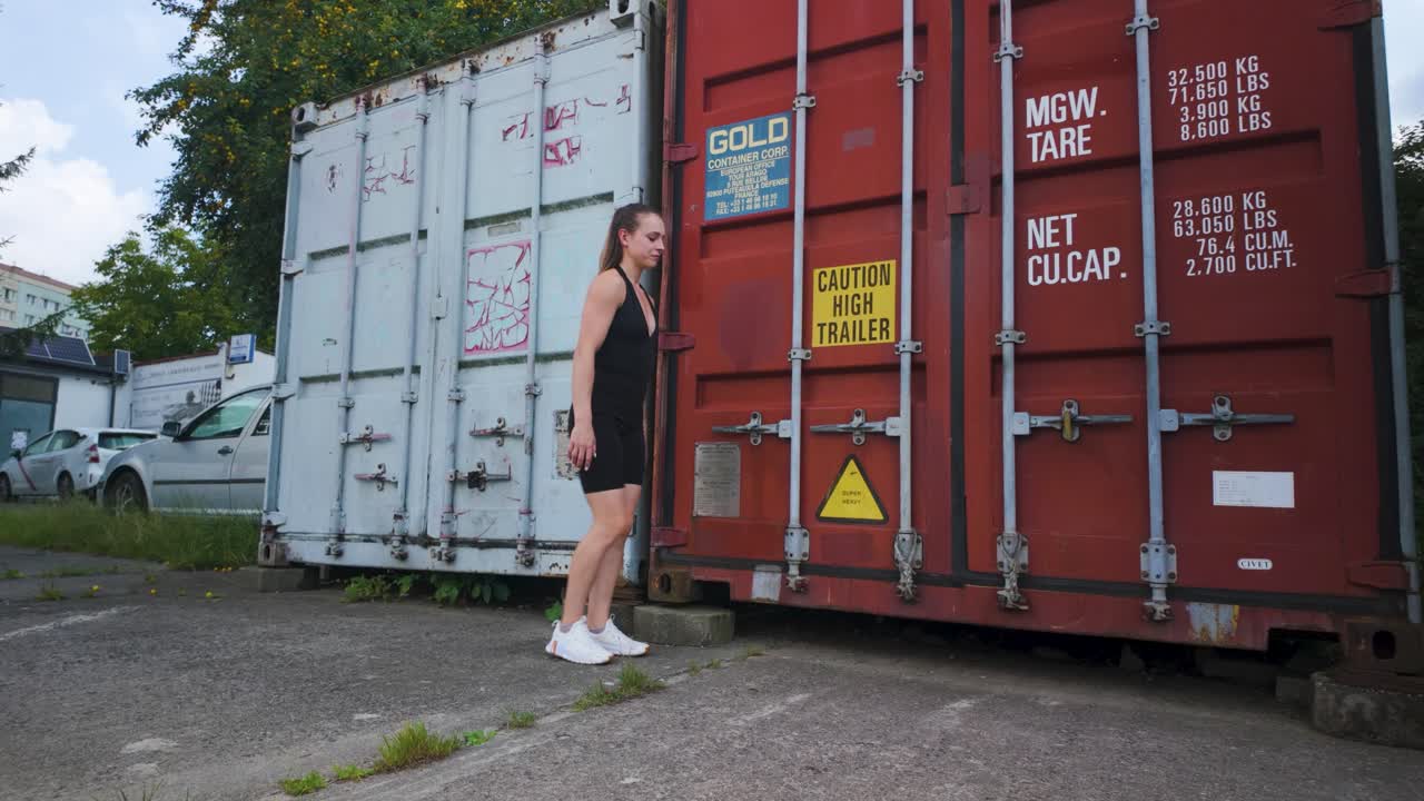 Woman doing a handstand on containers