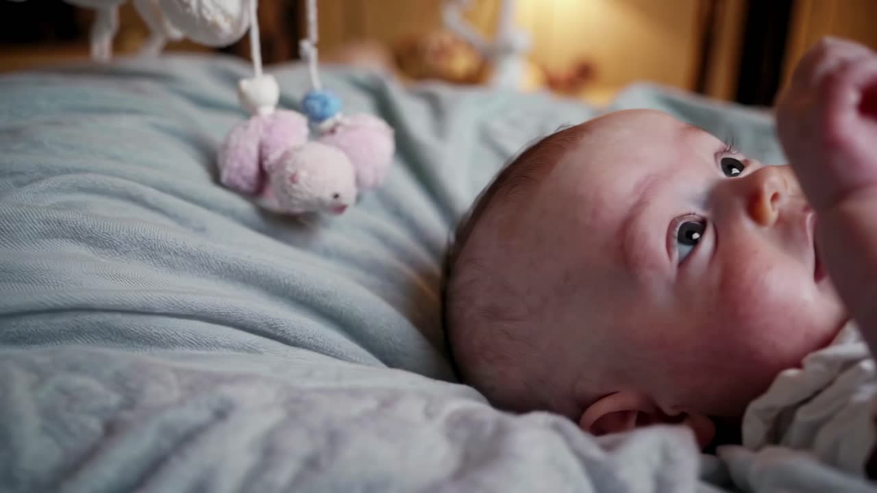 Close-up video of a baby lying on a soft blanket, gazing upwards with curiosity
