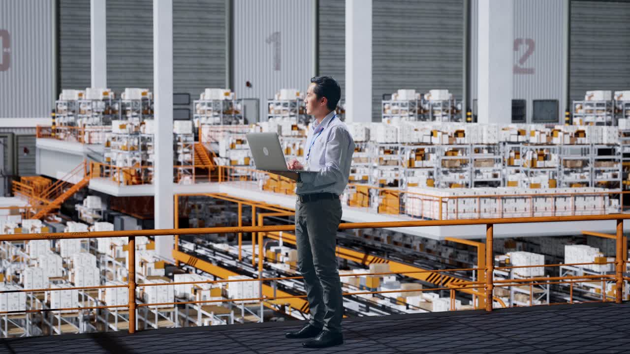 Vista laterale a figura intera di uomo d'affari asiatico che usa un computer portatile e si guarda intorno nel magazzino