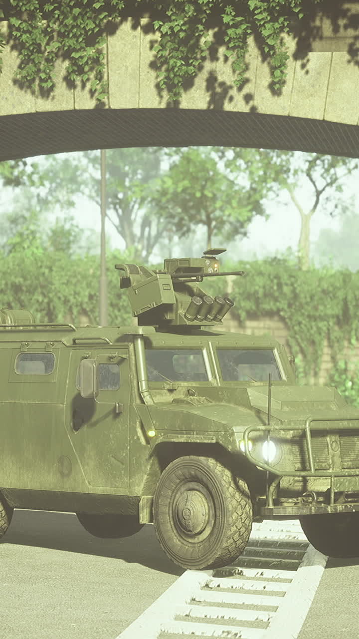Military vehicle maneuvers under an archway in a serene landscape