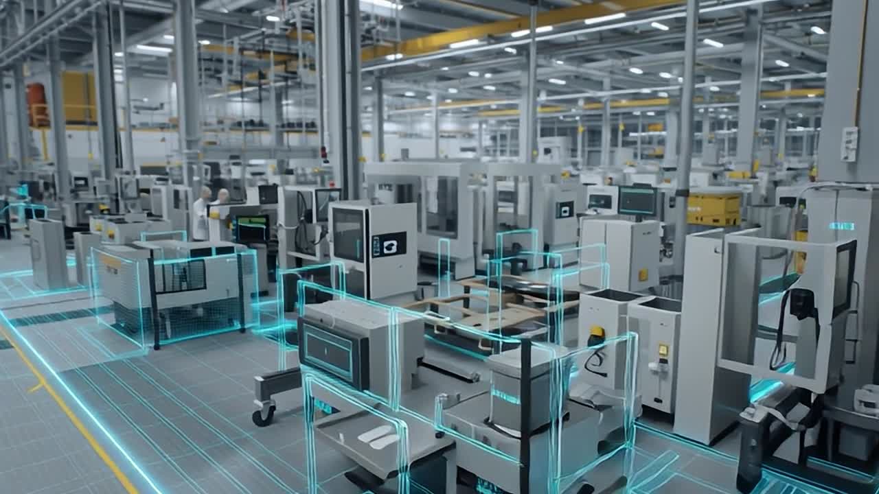 High-tech manufacturing facility with digital overlay at modern factory