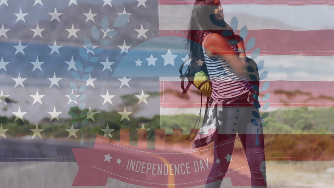 animación del texto del día de la independencia sobre una mujer biracial con mochila de senderismo