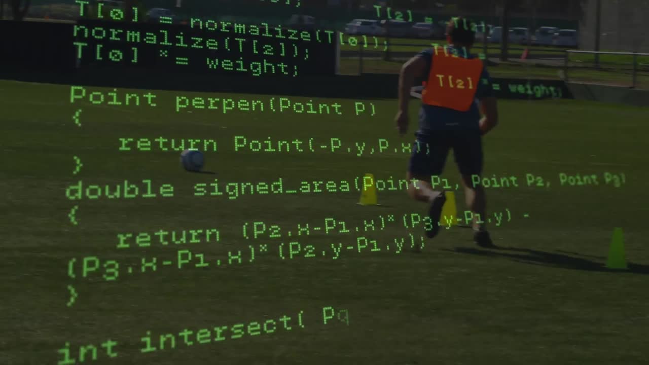 Data processing against african american male soccer player practicing soccer on sports field