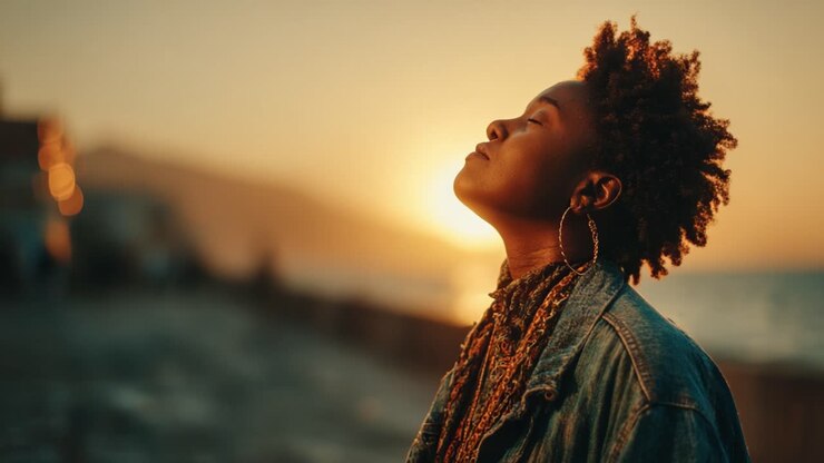 A serene moment captured: a woman with curly hair and earrings stands peacefully at sunset, embracing tranquility and self-reflection by the sea