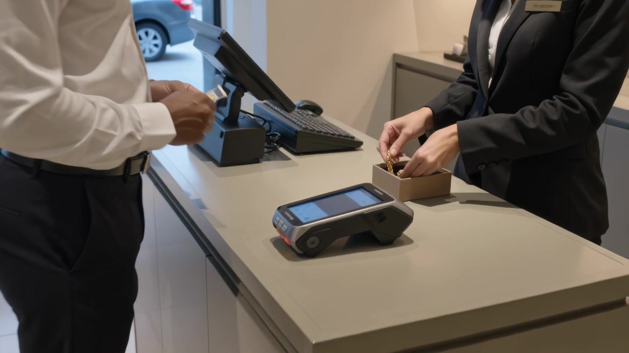 Cliente che presenta la carta in gioielleria, un addetto in blazer che sistema le catene per accettare il pagamento.