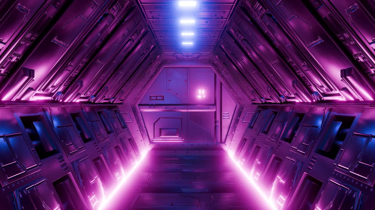 A futuristic spacecraft door with neon lights, animation loop