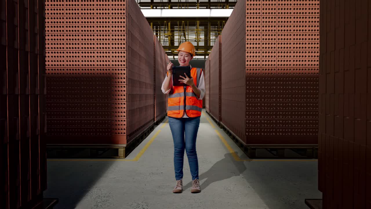 Full Body Of Asian Female Engineer With Safety Helmet Taking Note On The Tablet And Looking Around While Standing With Red Brick Packed in Stacks Are Stored
