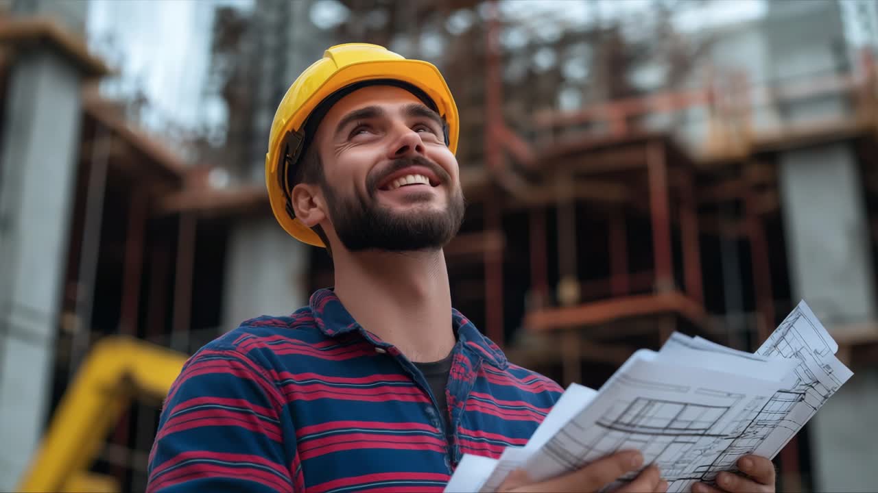 Construction worker with plans on construction site
