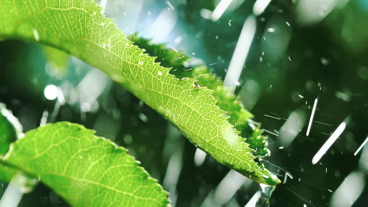 Rain Falling On Leaves. Water Drops on Leaf Surface. Slow motion.