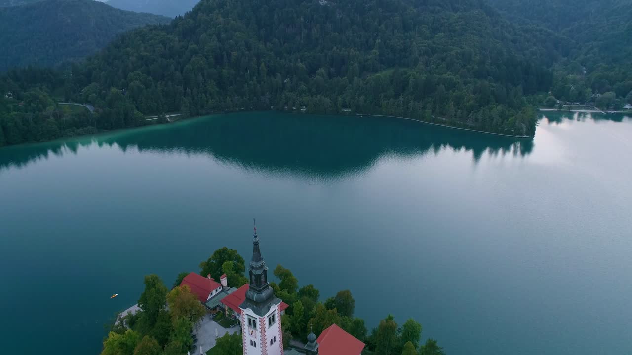 lago bled island, slowenia, drone shot
